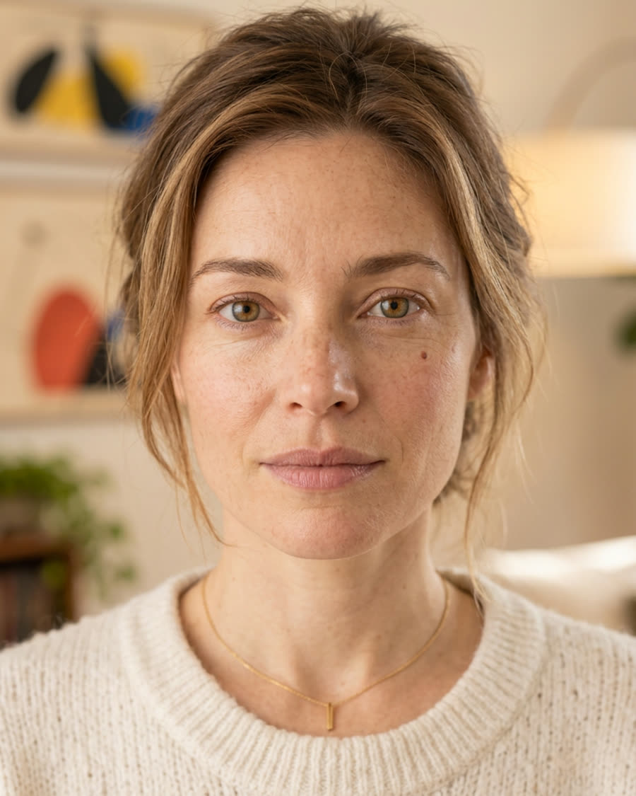Maya, a calm woman at home, looking into the camera